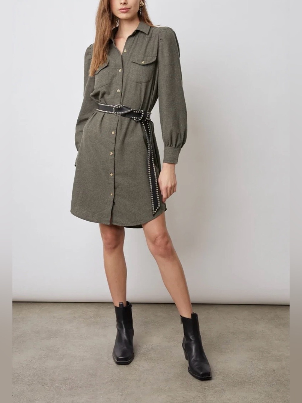 Rails Leona Hunter Green Shirt Dress Puff Sleeve Button Front Utility Midi